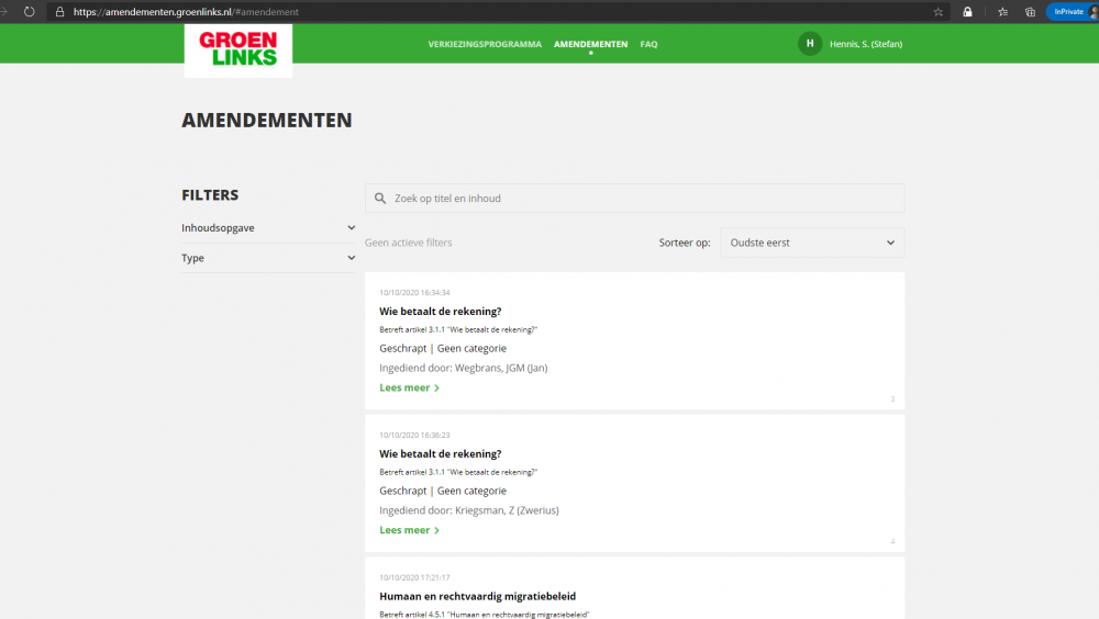 Screenshot van het amendementenscherm van de amendemententool