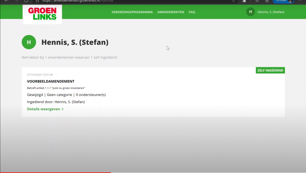 Screenshot van het eigen overzicht in de amendemententool