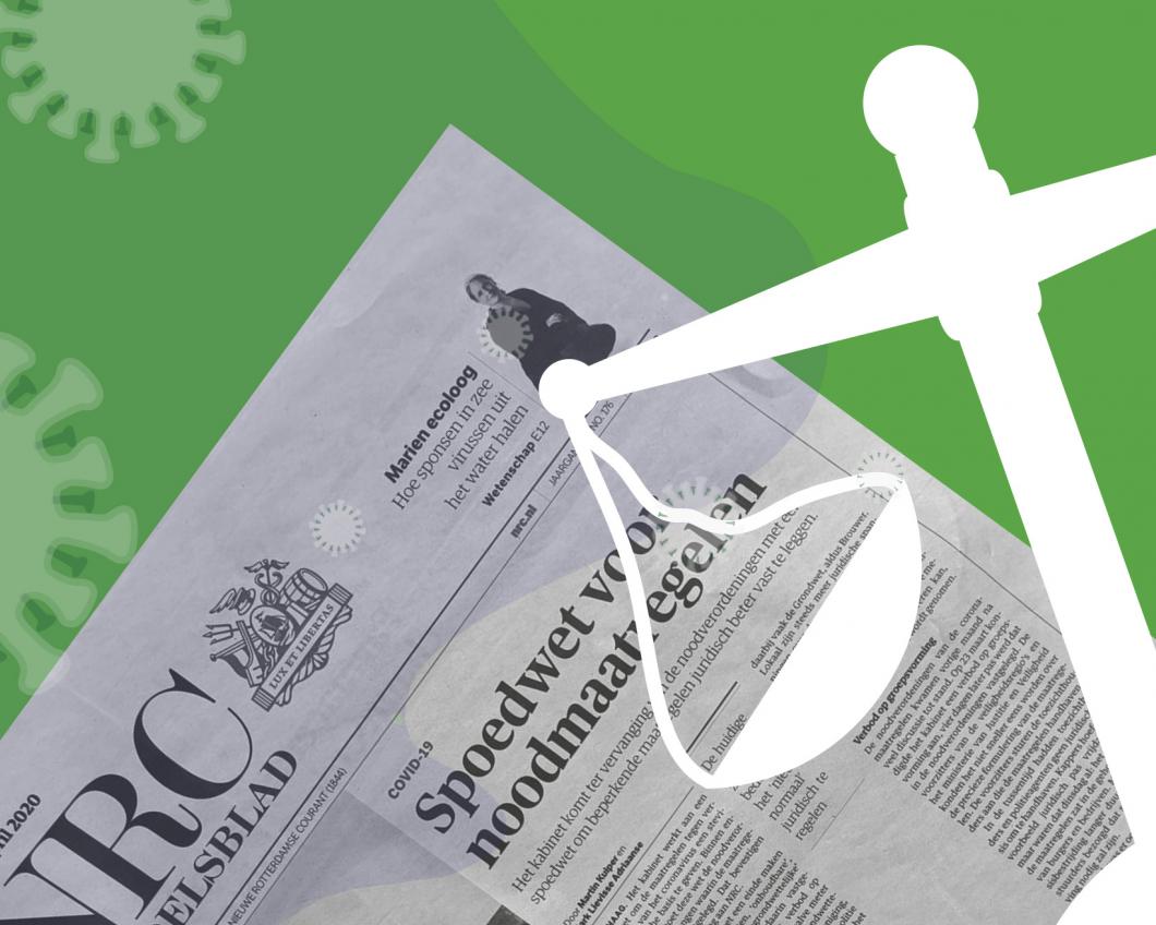 Afbeelding van een krant met nieuws over corona en een scheve weegschaal