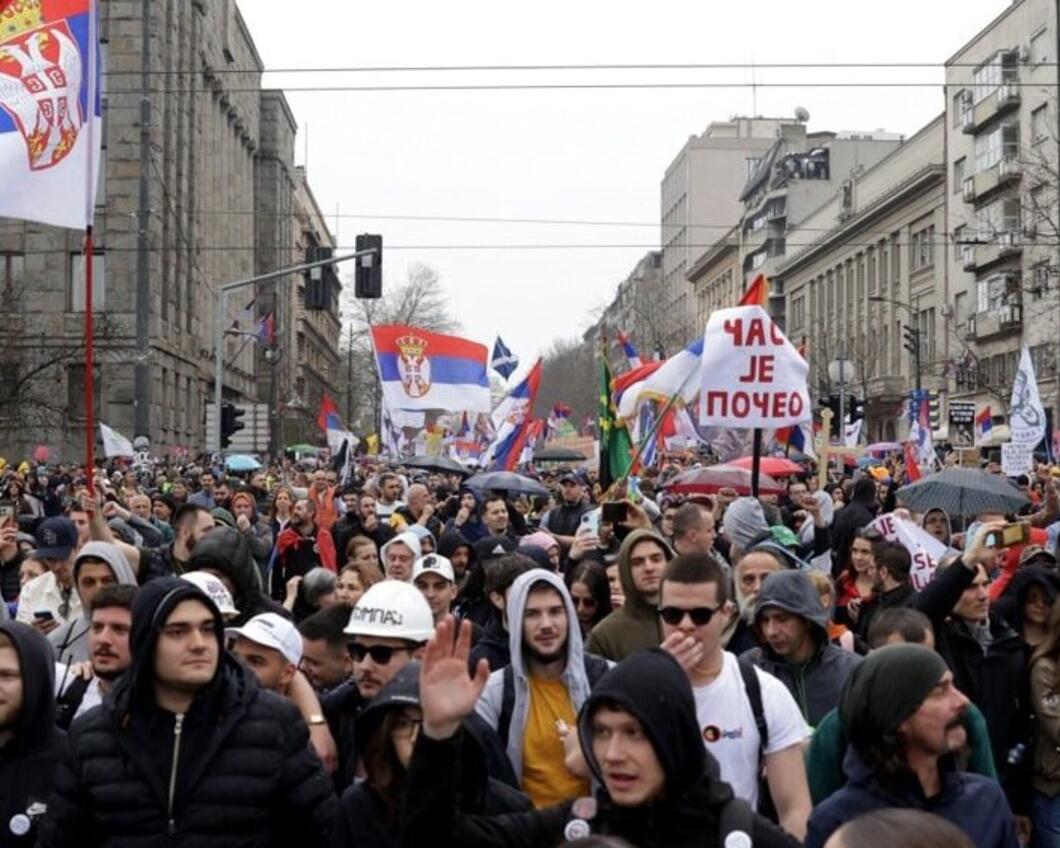 Protesters at the student-led rally in Belgrade, 15 March 2025. Photo: EPA-EFE/ANDREJ CUKIC.