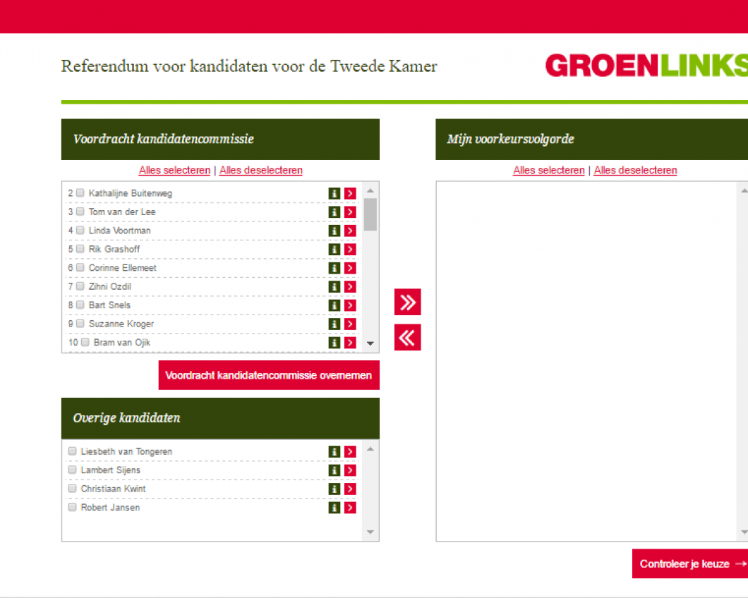 links de kandidaten, rechts maak je je voorkeursvolgorde